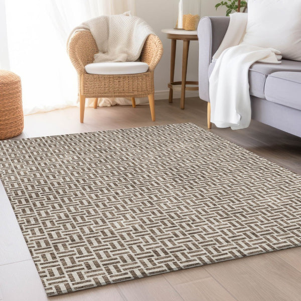 HomeRoots 9' X 12' Brown & Ivory Geometric Area Rug - Washable, UV Protected, Durable & Stylish for Homes! 672397