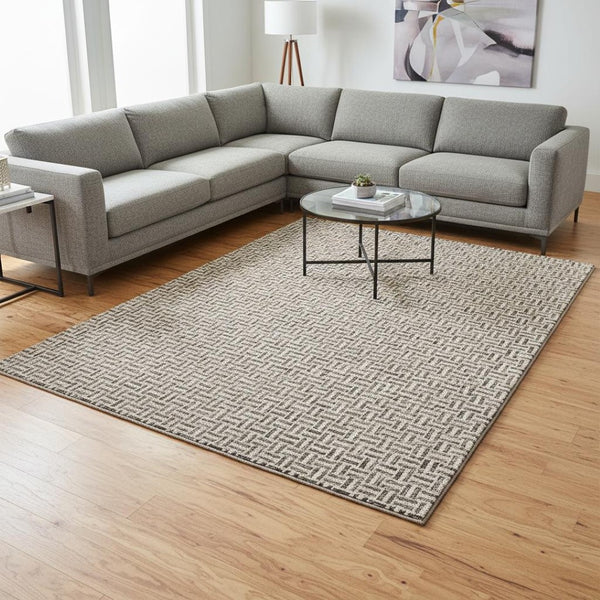 HomeRoots 10' X 14' Geometric Area Rug in Brown & Ivory - Washable, UV Protected, Durable for High-Traffic Areas 672398