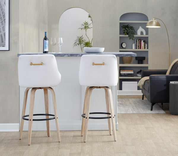 English Elm 30" Swivel Barstools Set of 2 Whitewashed Wood Faux Leather Gold Frame Counter Height B202S01922