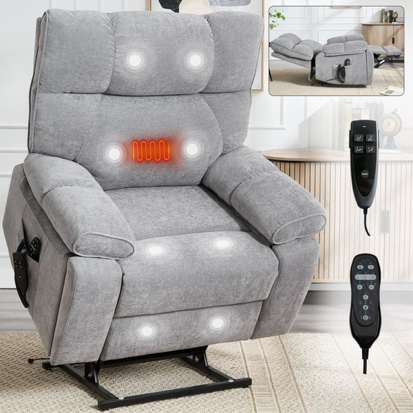 English Elm Beige Chenille Power Lift Recliner Dual Motor Massage Heat 350 Lb Capacity Gray W1803P264031