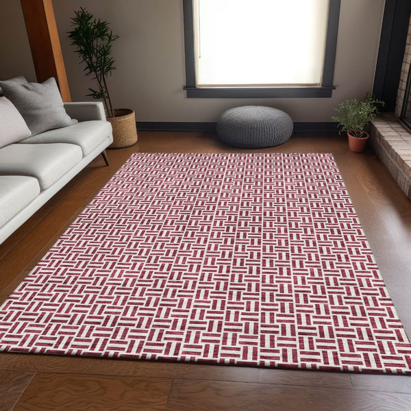 HomeRoots 5' X 8' Burgundy And Ivory Geometric Washable Area Rug - Durable, UV Protected, Modern Style for Any Room 672400