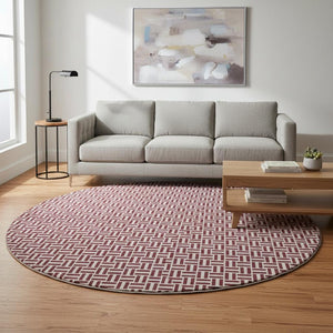 HomeRoots 8' Burgundy and Ivory Geometric Round Rug - Washable, UV Protected, Perfect for Homes with Kids & Pets! 672401