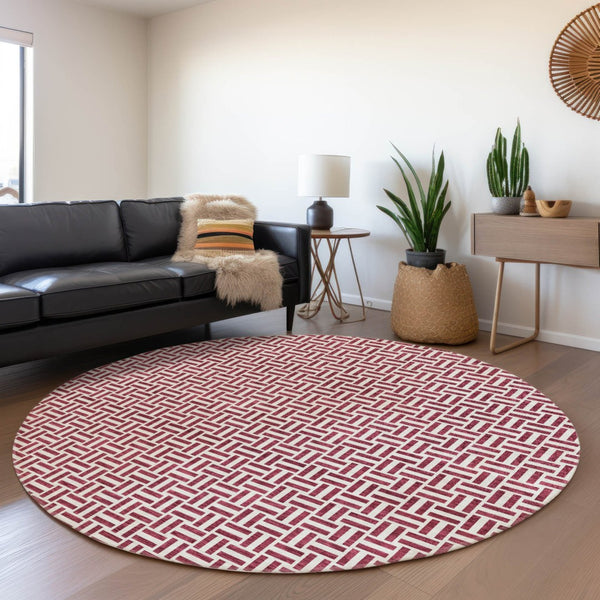HomeRoots 8' Burgundy and Ivory Geometric Round Rug - Washable, UV Protected, Perfect for Homes with Kids & Pets! 672401
