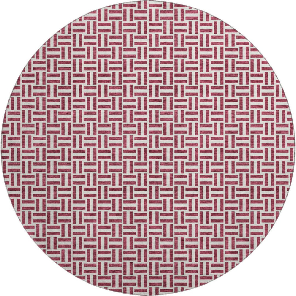 HomeRoots 8' Burgundy and Ivory Geometric Round Rug - Washable, UV Protected, Perfect for Homes with Kids & Pets! 672401