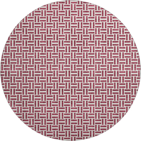 HomeRoots 8' Burgundy and Ivory Geometric Round Rug - Washable, UV Protected, Perfect for Homes with Kids & Pets! 672401