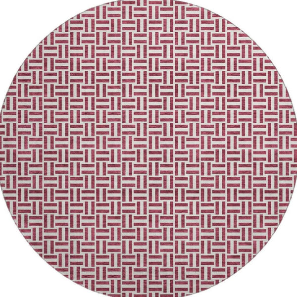 HomeRoots 8' Burgundy and Ivory Geometric Round Rug - Washable, UV Protected, Perfect for Homes with Kids & Pets! 672401