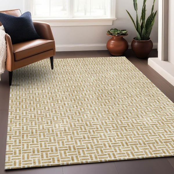HomeRoots 9' X 12' Gold And Ivory Geometric Area Rug – Washable, UV Protected, Durable for High-Traffic Homes 672409