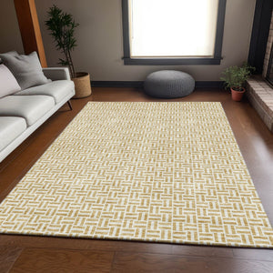 HomeRoots 9' X 12' Gold And Ivory Geometric Area Rug – Washable, UV Protected, Durable for High-Traffic Homes 672409