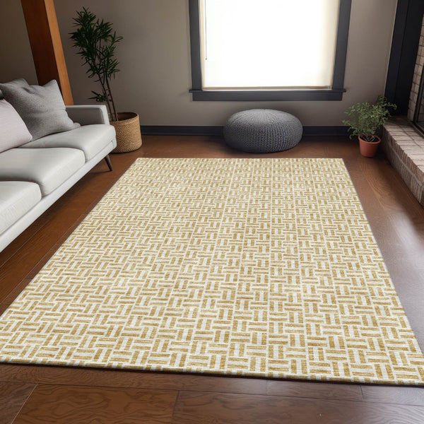 HomeRoots 9' X 12' Gold And Ivory Geometric Area Rug – Washable, UV Protected, Durable for High-Traffic Homes 672409