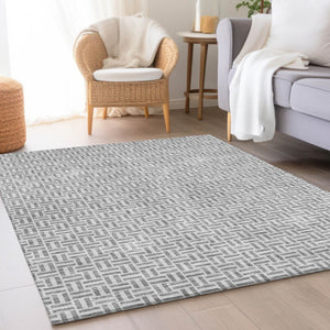 HomeRoots 10' X 14' Gray And Ivory Geometric Area Rug - Washable, UV-Protected, Perfect for High-Traffic Spaces! 672416