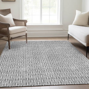 HomeRoots 10' X 14' Gray And Ivory Geometric Area Rug - Washable, UV-Protected, Perfect for High-Traffic Spaces! 672416