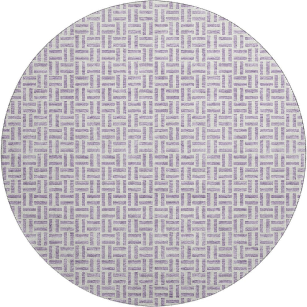 HomeRoots 8' Lavender and Ivory Geometric Round Rug - Washable, UV-Protected, Stylish and Durable Home Decor Piece 672425