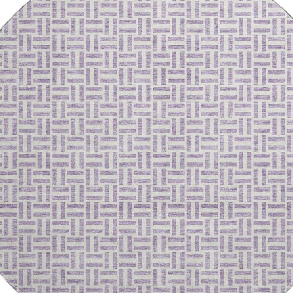 HomeRoots 8' Lavender and Ivory Geometric Round Rug - Washable, UV-Protected, Stylish and Durable Home Decor Piece 672425