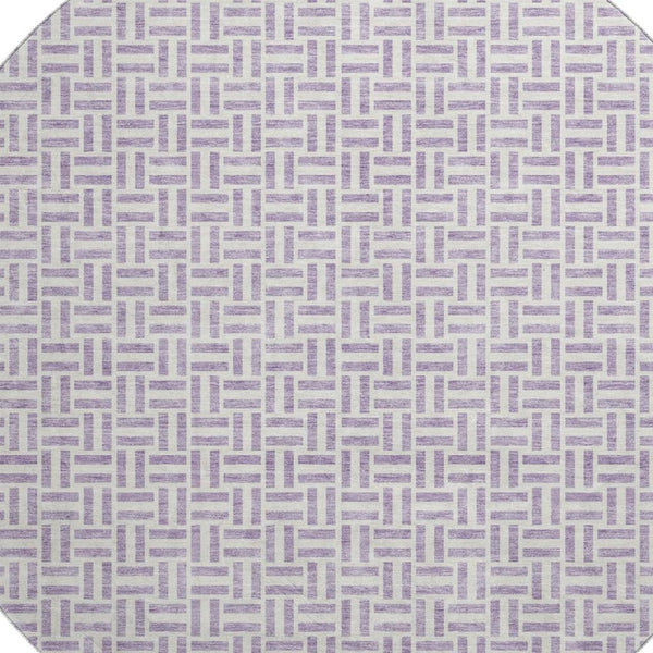 HomeRoots 8' Lavender and Ivory Geometric Round Rug - Washable, UV-Protected, Stylish and Durable Home Decor Piece 672425