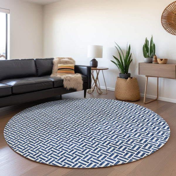 HomeRoots 8' Navy Blue & Ivory Geometric Round Rug – Washable, UV-Protected, Durable for Homes & Patios 672431