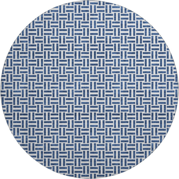 HomeRoots 8' Navy Blue & Ivory Geometric Round Rug – Washable, UV-Protected, Durable for Homes & Patios 672431