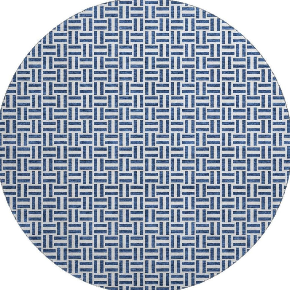 HomeRoots 8' Navy Blue & Ivory Geometric Round Rug – Washable, UV-Protected, Durable for Homes & Patios 672431