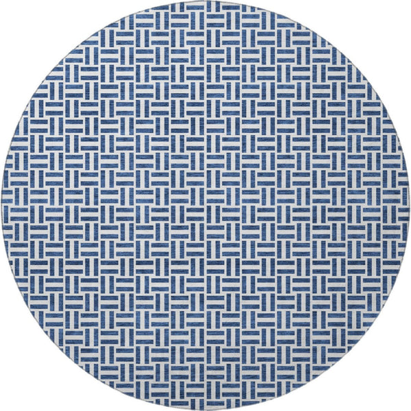 HomeRoots 8' Navy Blue & Ivory Geometric Round Rug – Washable, UV-Protected, Durable for Homes & Patios 672431