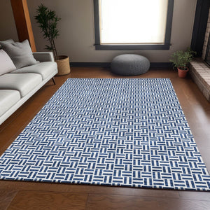 HomeRoots 9' X 12' Navy Blue & Ivory Geometric Area Rug - Washable, UV-Protected, Stylish & Durable Design 672433