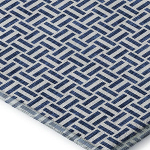 HomeRoots 9' X 12' Navy Blue & Ivory Geometric Area Rug - Washable, UV-Protected, Stylish & Durable Design 672433