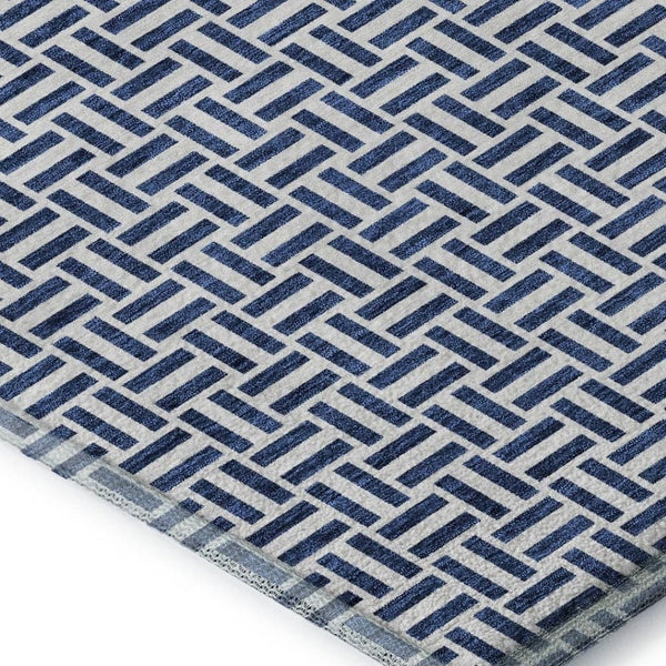 HomeRoots 9' X 12' Navy Blue & Ivory Geometric Area Rug - Washable, UV-Protected, Stylish & Durable Design 672433