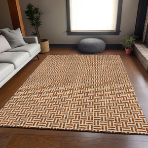 HomeRoots 5' X 8' Geometric Rust and Beige Area Rug - Washable, Stain-Resistant, UV Protected for Families 672436