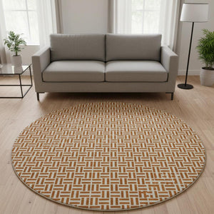 HomeRoots 8' Washable Round Rug in Rust & Beige with Geometric Design - UV Protected, Stain-Resistant, Durable 672437