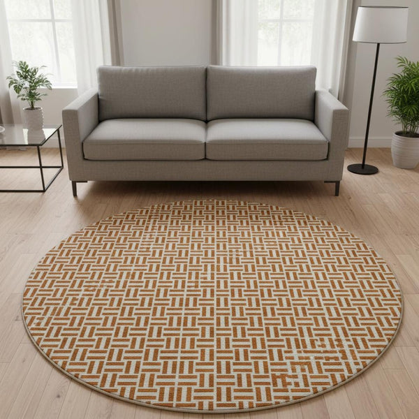 HomeRoots 8' Washable Round Rug in Rust & Beige with Geometric Design - UV Protected, Stain-Resistant, Durable 672437
