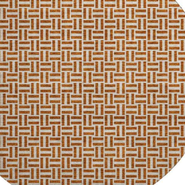 HomeRoots 8' Washable Round Rug in Rust & Beige with Geometric Design - UV Protected, Stain-Resistant, Durable 672437