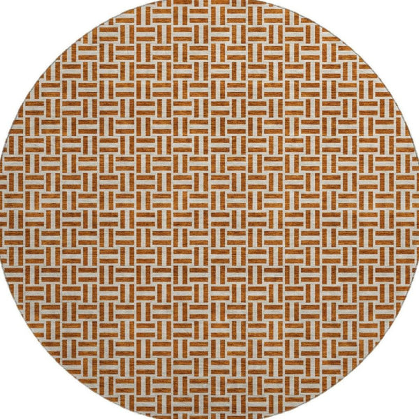 HomeRoots 8' Washable Round Rug in Rust & Beige with Geometric Design - UV Protected, Stain-Resistant, Durable 672437