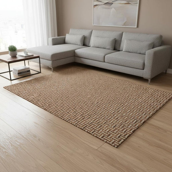 HomeRoots 9' X 12' Washable Rust and Beige Geometric Area Rug with UV Protection for Modern Living Spaces 672439