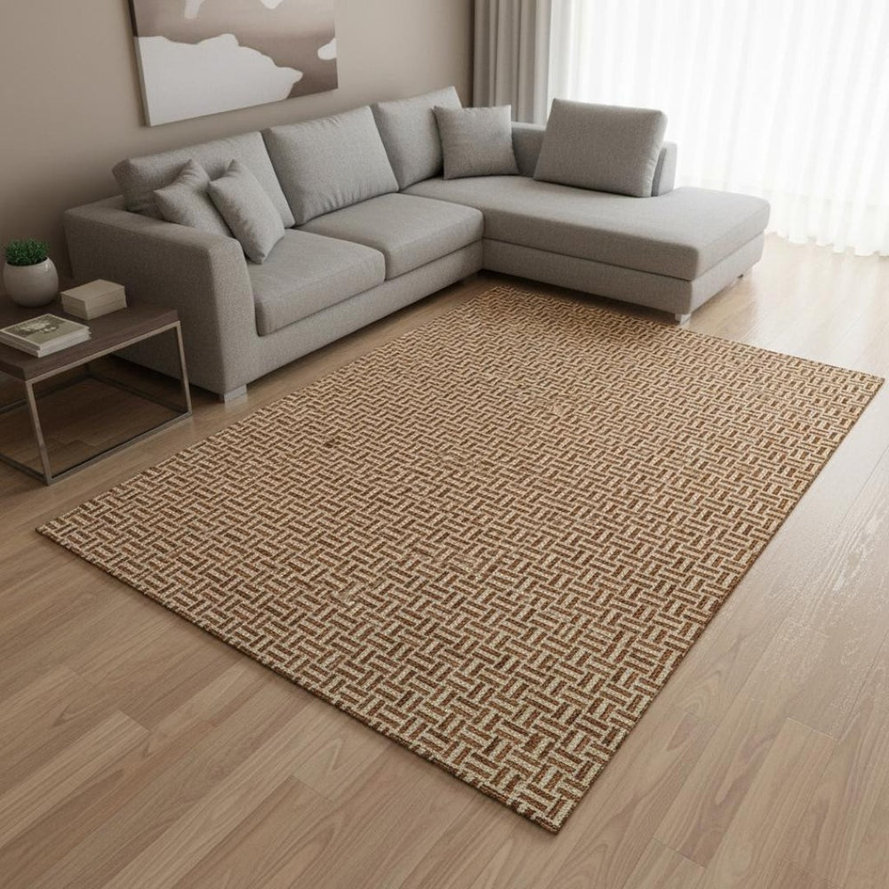 HomeRoots 10' X 14' Geometric Area Rug in Rust & Beige – Durable, Washable, UV Protected for Indoor & Outdoor Use 672440