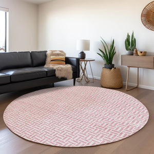 HomeRoots 8' Pink And Ivory Geometric Round Rug - Washable, UV Protected, Stylish & Durable for Any Space 672443