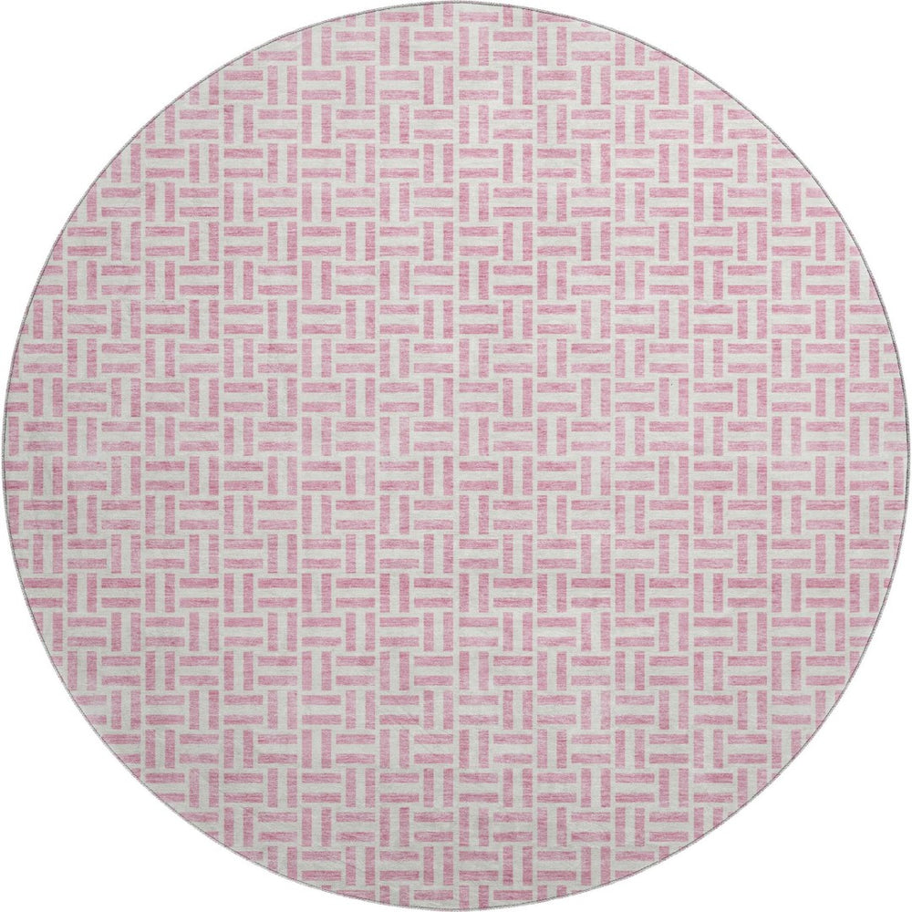 HomeRoots 8' Pink And Ivory Geometric Round Rug - Washable, UV Protected, Stylish & Durable for Any Space 672443