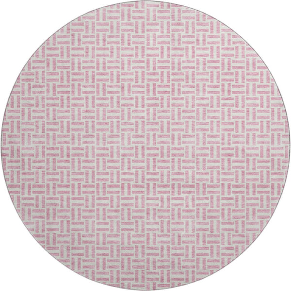 HomeRoots 8' Pink And Ivory Geometric Round Rug - Washable, UV Protected, Stylish & Durable for Any Space 672443