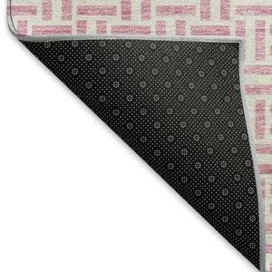 HomeRoots 8' Pink And Ivory Geometric Round Rug - Washable, UV Protected, Stylish & Durable for Any Space 672443