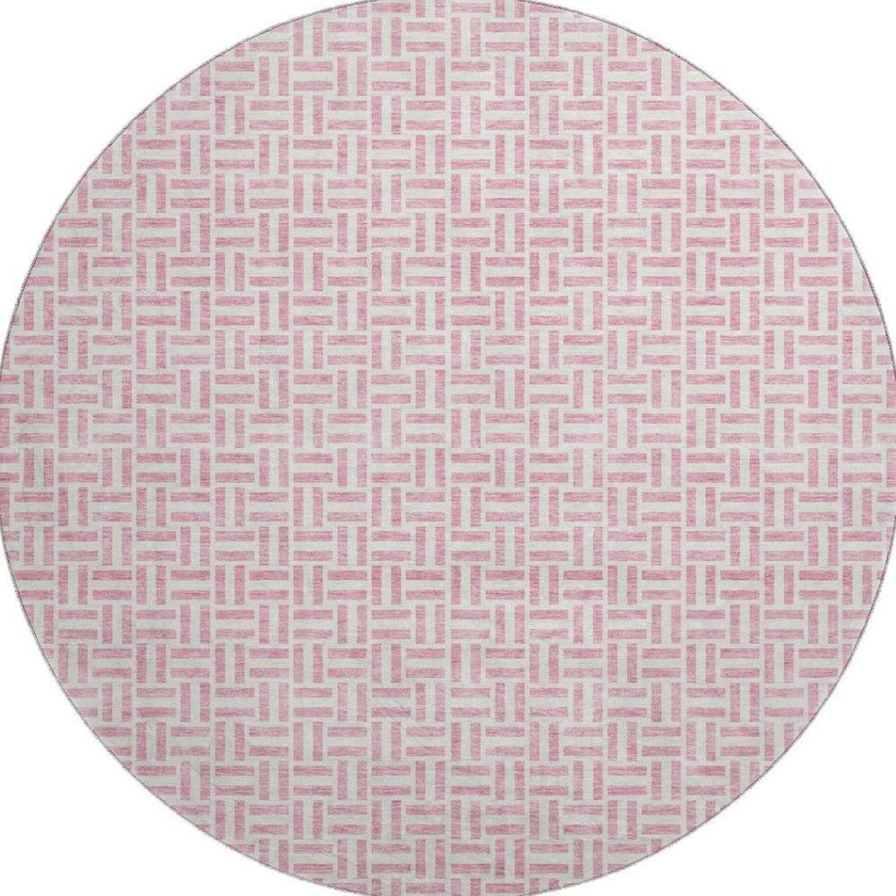 HomeRoots 8' Pink And Ivory Geometric Round Rug - Washable, UV Protected, Stylish & Durable for Any Space 672443