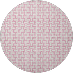 HomeRoots 8' Pink And Ivory Geometric Round Rug - Washable, UV Protected, Stylish & Durable for Any Space 672443