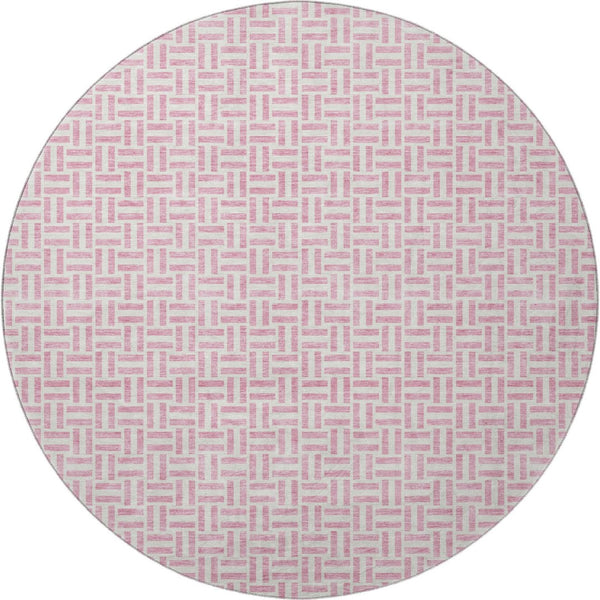 HomeRoots 8' Pink And Ivory Geometric Round Rug - Washable, UV Protected, Stylish & Durable for Any Space 672443