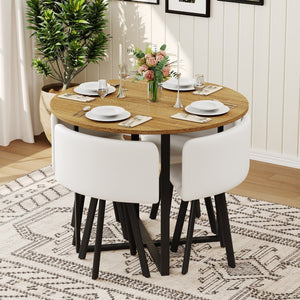 English Elm 5 Piece Round Faux Marble Dining Set with Pu Leather Chairs for Small Apartments White,Wood W3875S00085