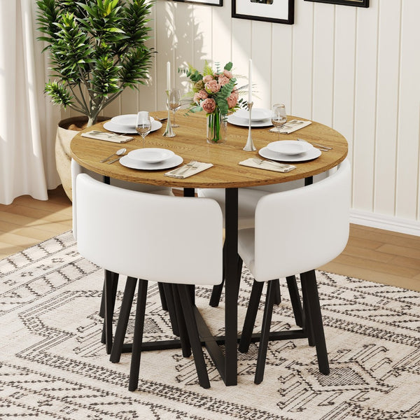 English Elm 5 Piece Round Faux Marble Dining Set with Pu Leather Chairs for Small Apartments White,Wood W3875S00085