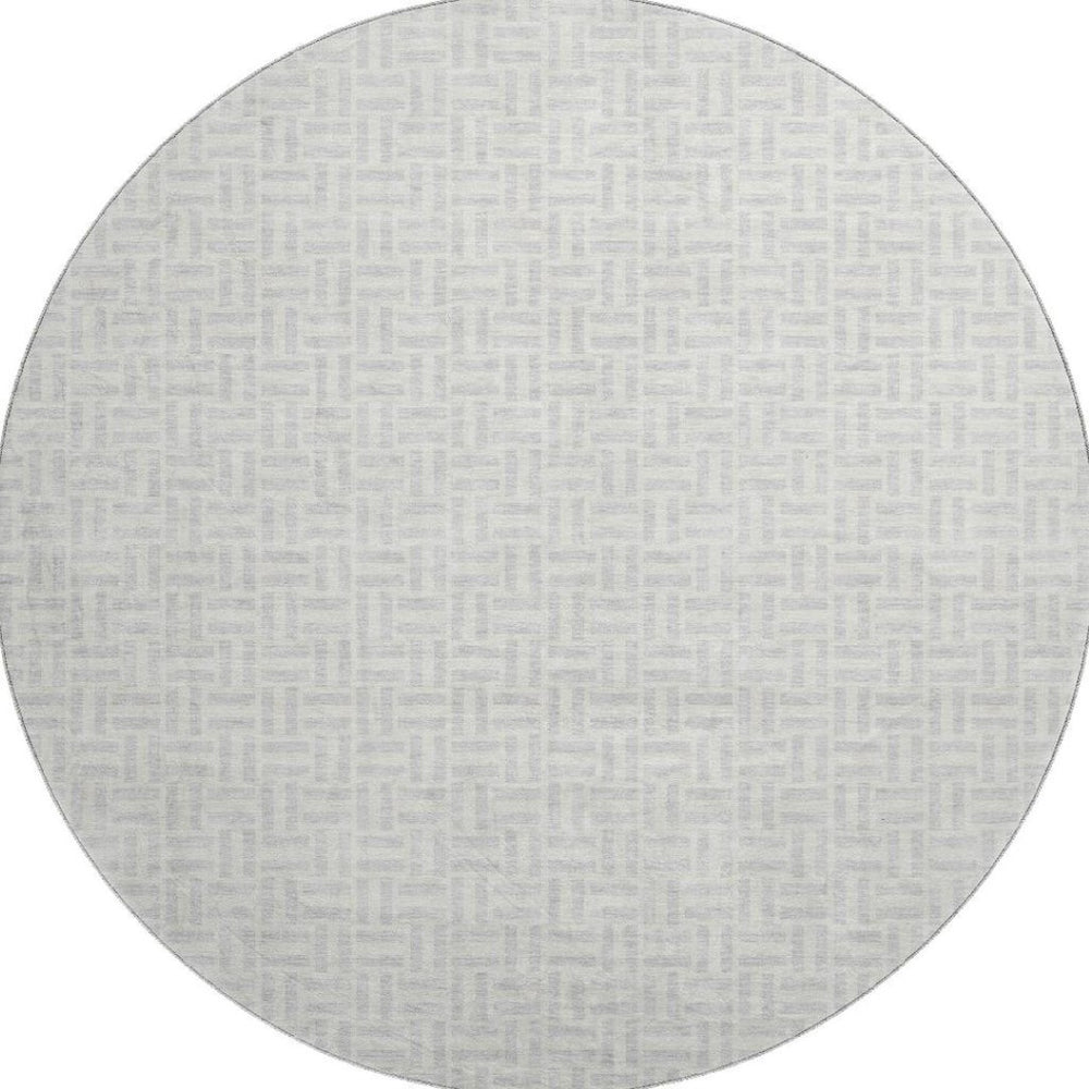 HomeRoots 8' Silver and Ivory Geometric Round Rug – Washable, UV Protected, Durable Design for High-Traffic Areas 672449