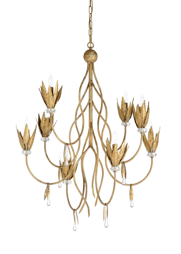 Wildwood Phoebe 8-Light Aged Gold Leaf Chandelier With Clear Crystals — 40"H X 30"W Elegant Ambient Glow 67245