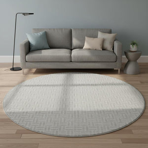 HomeRoots 8' Taupe and Ivory Geometric Washable Round Rug - UV Protected, Stain-Resistant, Ideal for High-Traffic Areas 672455