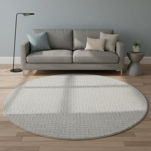 HomeRoots 8' Taupe and Ivory Geometric Washable Round Rug - UV Protected, Stain-Resistant, Ideal for High-Traffic Areas 672455