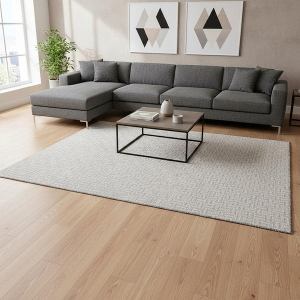 HomeRoots 9' X 12' Taupe & Ivory Geometric Area Rug - Washable, UV Protected, Durable for Family Living Spaces 672457