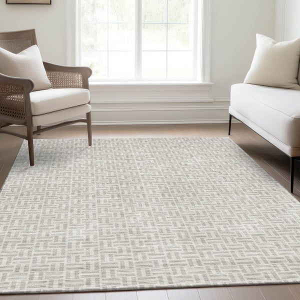 HomeRoots 10' X 14' Taupe & Ivory Geometric Area Rug - Washable, UV-Protected, Perfect for Family Spaces! 672458