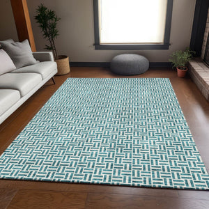 HomeRoots 5' X 8' Stylish Teal and Ivory Geometric Area Rug – Washable, UV Protected for High-Traffic Spaces! 672460