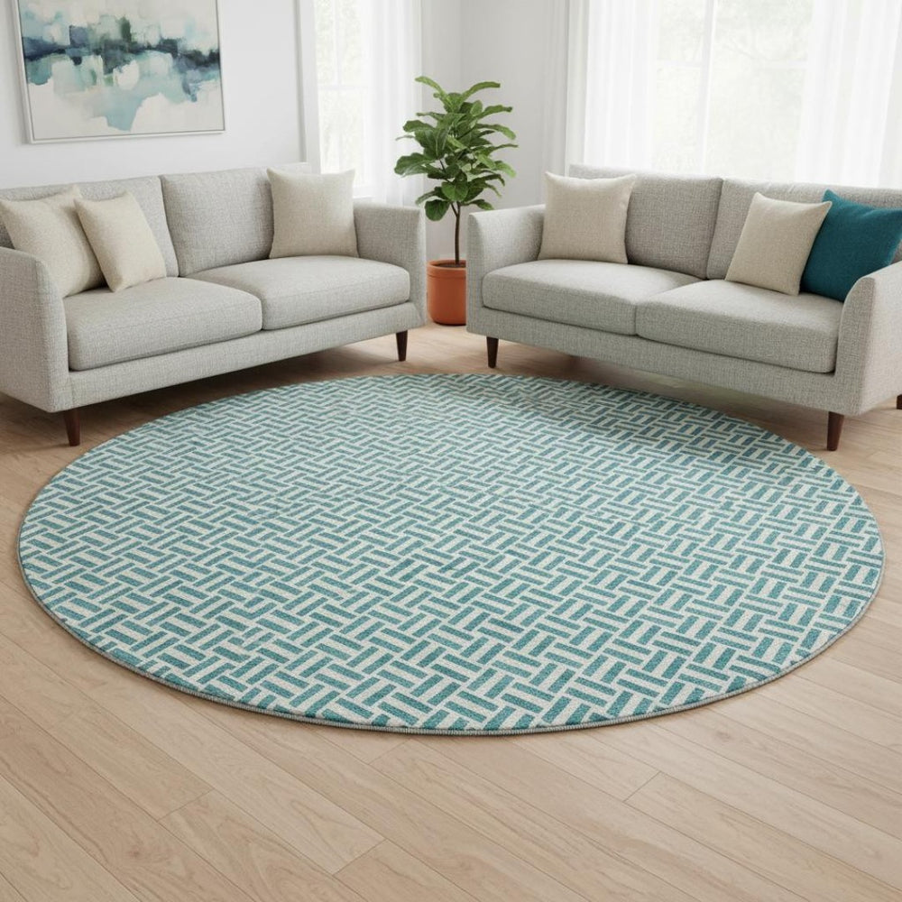 HomeRoots 8' Teal and Ivory Geometric Round Rug - Washable, UV-Protected, Perfect for Active Homes & Spaces! 672461