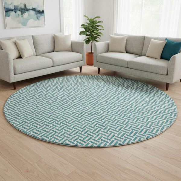 HomeRoots 8' Teal and Ivory Geometric Round Rug - Washable, UV-Protected, Perfect for Active Homes & Spaces! 672461